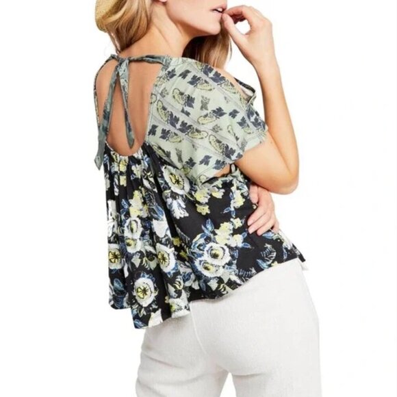 Free People Baja Babe Shirt Cold Shoulder Short Sleeve Floral Black Size Large - Picture 5 of 12